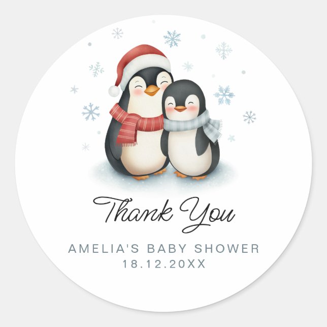 Pegatina Redonda Cute Winter Penguin Family Navidades Baby Shower (Anverso)