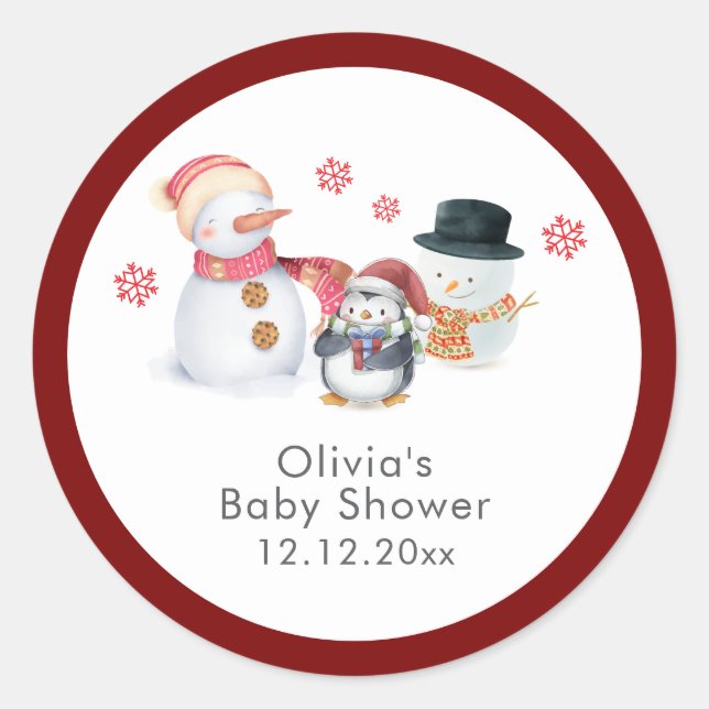 Pegatina Redonda Cute Winter Penguin Snowman Baby Shower  (Anverso)