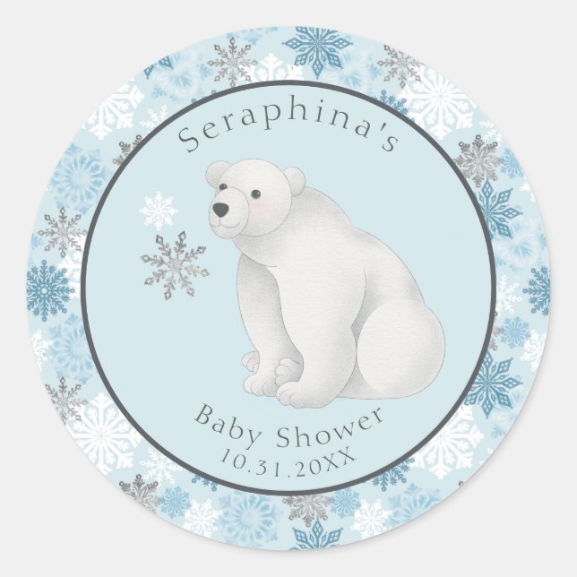 Pegatina Redonda Cute Winter Polar Bear Baby Shower (Anverso)