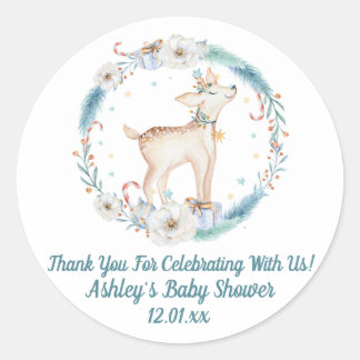 Pegatina Redonda Cute Winter Woodland Baby Shower