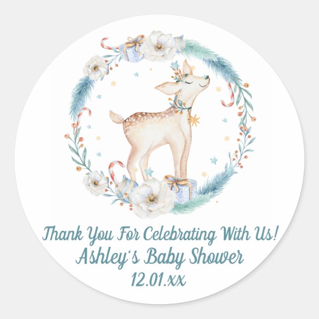 Pegatina Redonda Cute Winter Woodland Baby Shower (Anverso)
