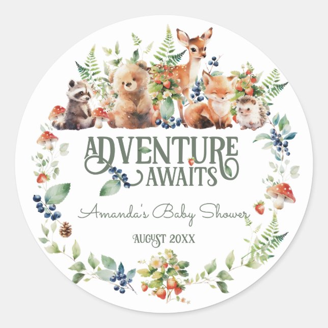 Pegatina Redonda Cute Woodland Animal Adventure Neutral Baby Shower (Anverso)