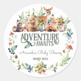 Pegatina Redonda Cute Woodland Animal Adventure Neutral Baby Shower
