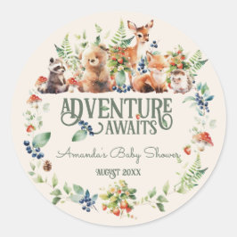 Pegatina Redonda Cute Woodland Animal Adventure Neutral Baby Shower
