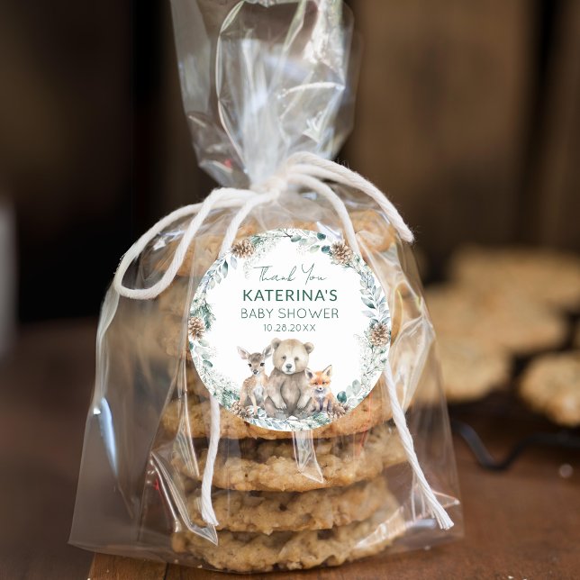 Pegatina Redonda Cute Woodland Animals Baby Shower Gracias A Favor (Add these cute woodland animal thank you stickers to baked goods for an easy baby shower favor.)