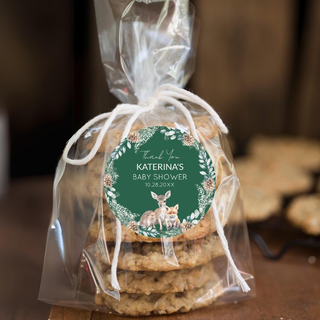 Pegatina Redonda Cute Woodland Animals Baby Shower Gracias A Favor (Add these cute woodland animal thank you stickers to baked goods for an easy baby shower favor.)