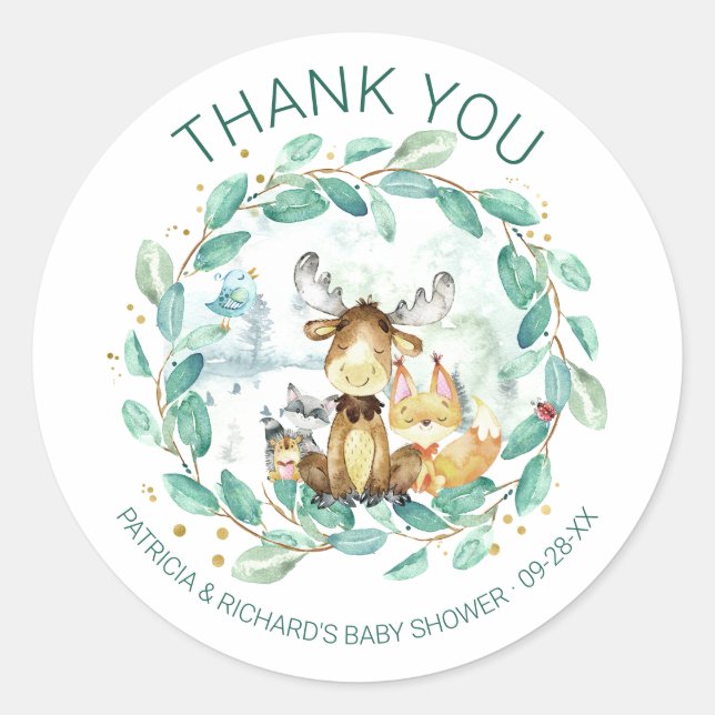 Pegatina Redonda Cute Woodland Animals Greenery Baby Shower (Anverso)