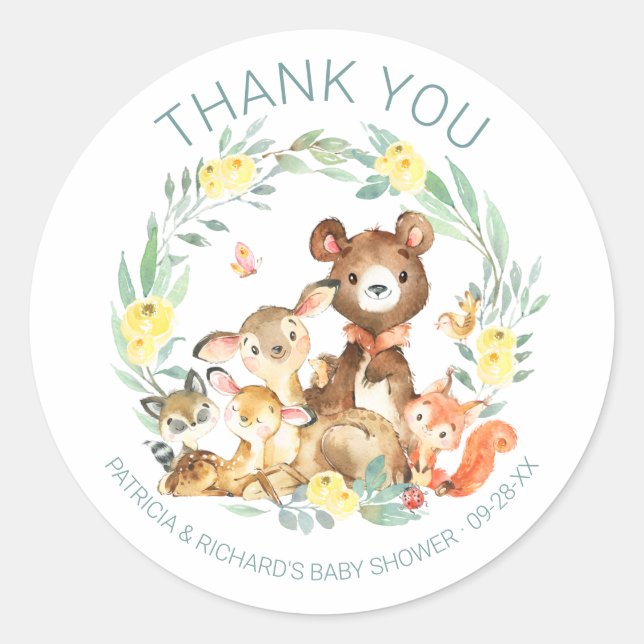 Pegatina Redonda Cute Woodland Animals Greenery Baby Shower (Anverso)