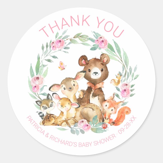 Pegatina Redonda Cute Woodland Animals Greenery Baby Shower (Anverso)