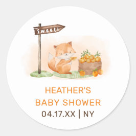 Pegatina Redonda Cute Woodland Fox Citrus Naranja Farm Baby Shower