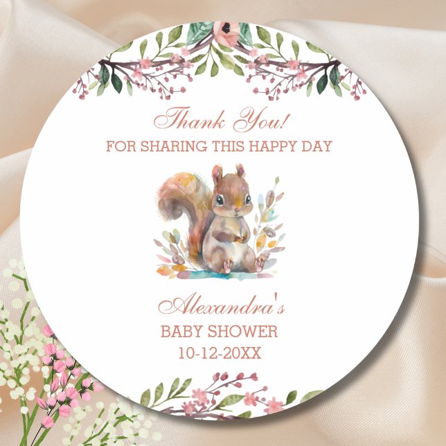 Pegatina Redonda Cute Woodland Squirrel Baby Shower Gracias Clase (Subido por el creador)