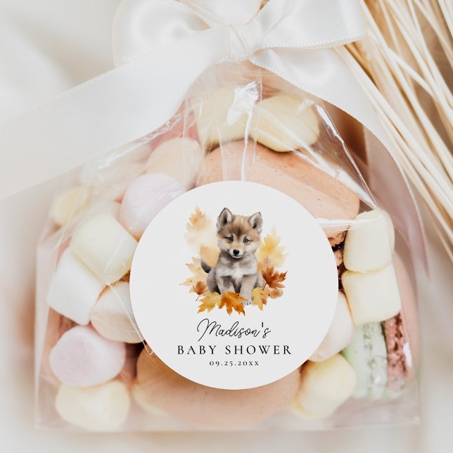 Pegatina Redonda Cute Woodland Wolf Pup Fall Baby Shower (Subido por el creador)