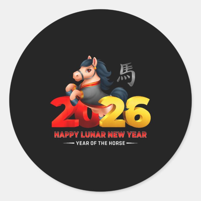 Pegatina Redonda Cute Year Of The Horse -black Fun Happy Lunar New  (Anverso)