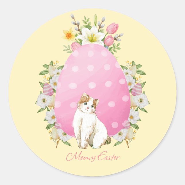 Pegatina Redonda Cute Yellow Floral Easter Cat (Anverso)