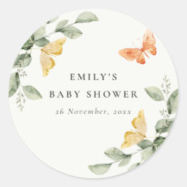 Pegatina Redonda Cute Yellow Garden Foliage Butterflies Baby Shower