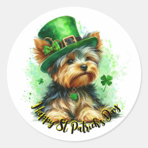 Pegatina Redonda Cute Yorkie St. Patrick's Day Watercolor Art