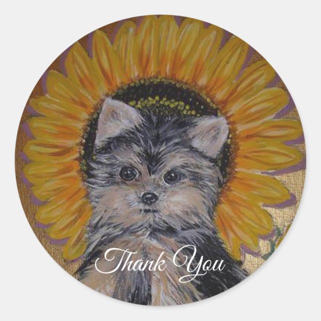 Pegatina Redonda Cute Yorkie y Sunflower gracias (Anverso)