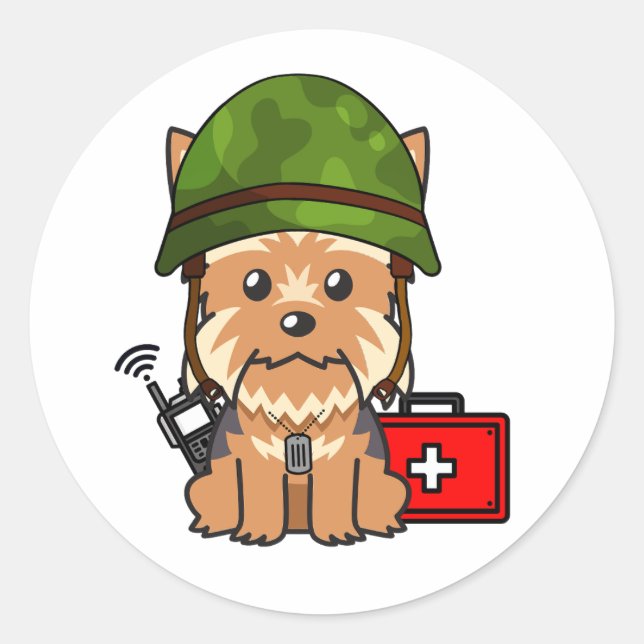 Pegatina Redonda Cute Yorkshire Terrier Dog Usando casco del ejérci (Anverso)