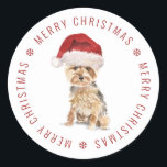 Pegatina Redonda Cute Yorkshire Terrier Merry Christmas<br><div class="desc">Envíe sus saludos navideños este año con esta pegatina de navidad de Yorkshire Terrier. Personalízalo con tu propia frase de vacaciones entre símbolos de copos de nieve.</div>
