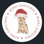 Pegatina Redonda Cute Yorkshire Terrier Merry Christmas<br><div class="desc">Envíe sus saludos navideños este año con esta pegatina de navidad de Yorkshire Terrier. Personalízalo con tu propia frase de vacaciones entre símbolos de copos de nieve.</div>