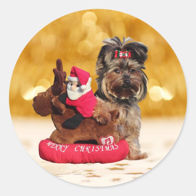 Pegatina Redonda Cute Yorkshire Terrier Merry Christmas (Anverso)