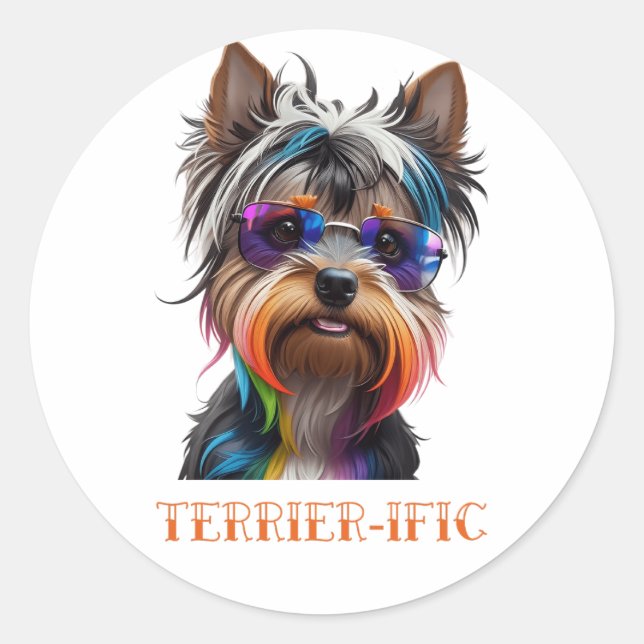 Pegatina Redonda Cute Yorkshire Terrier Usa gafas de sol (Anverso)