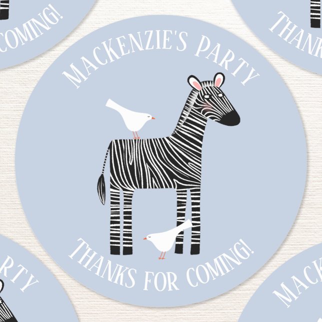 Pegatina Redonda Cute Zebra Safari Fiesta Gracias (Cute zebra custom text personalized kids birthday party thank you sticker)