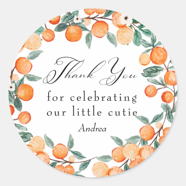 Pegatina Redonda Cutie | Naranja Baby Shower Gracias (Anverso)