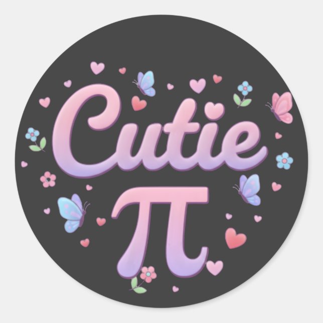 Pegatina Redonda Cutie Pi Symbol Math Pun Pink Butterfly Hearts (Anverso)