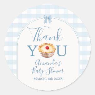 Pegatina Redonda Cutie Pie Blue Gingham Baby Shower Gracias