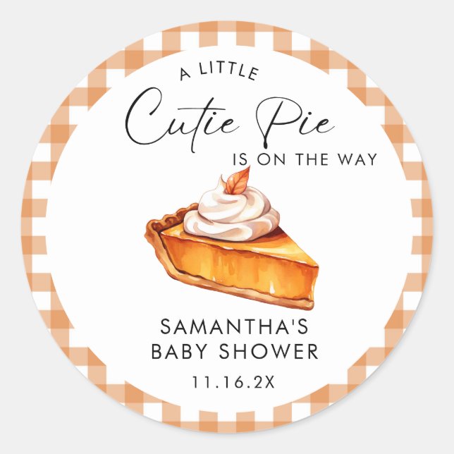 Pegatina Redonda Cutie Pimpkin Fall Gingham Baby Shower (Anverso)