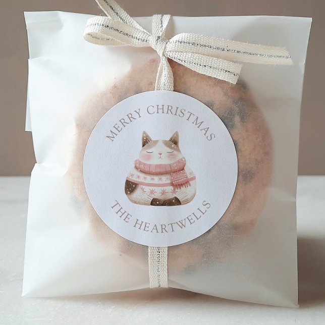 Pegatina Redonda Cuto acuarela Cat Personalizado Feliz Navidad (Subido por el creador)