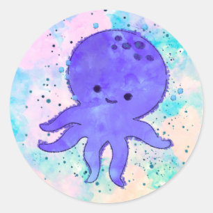Pegatina Redonda Cuto azul Octopus Personalizado acuarela