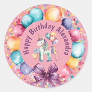 Pegatina Redonda Cuto color de agua unicornio cumpleaños