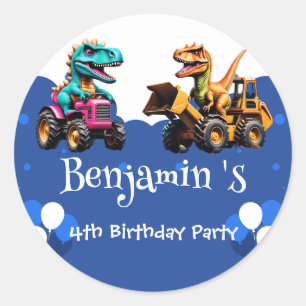Pegatina Redonda Cuto dinosaurio Excavator tractor balón Cumpleaños
