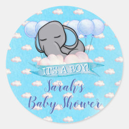 Pegatina Redonda Cuto Elefante Boy Blue Baby Shower Watercolor
