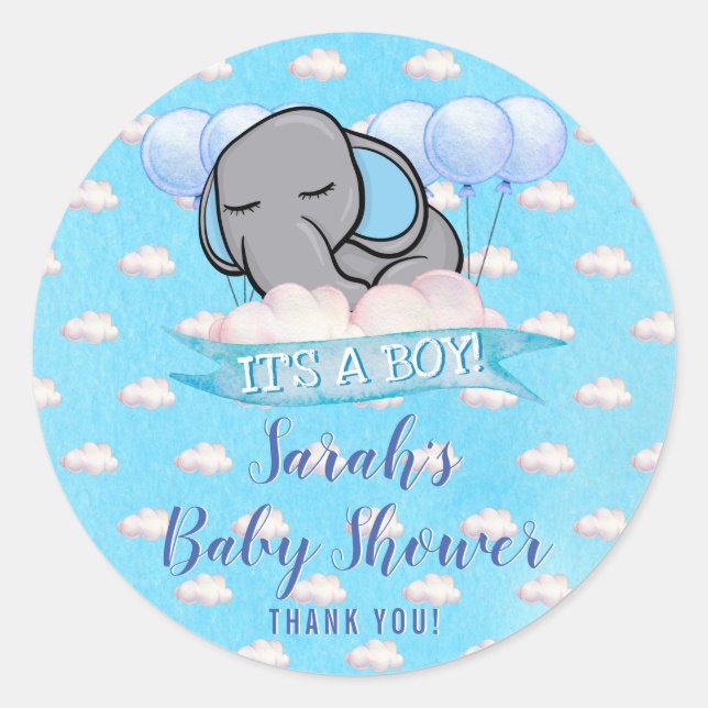 Pegatina Redonda Cuto Elefante Boy Blue Baby Shower Watercolor (Anverso)