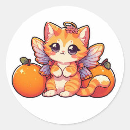 Pegatina Redonda Cuto gato de hadas con naranjas
