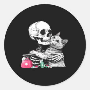 Pegatina Redonda Cuto Halloween Skeleton Hug Cat Vet Tech Veterinar