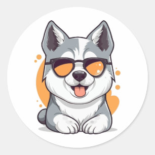 Pegatina Redonda Cuto Husky con gafas de sol