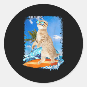 Pegatina Redonda Cuto Surfing Hawaiano Cat Lover Beach Summe