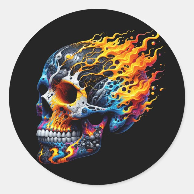 Pegatina Redonda Cyber Flame Skull (Anverso)