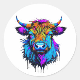 Pegatina Redonda Cyberpunk Colorful Ai Highland Cow