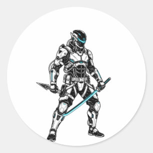 Pegatina Redonda Cyberpunk Mecha Shinobi Futurista Gráfica de Cyber
