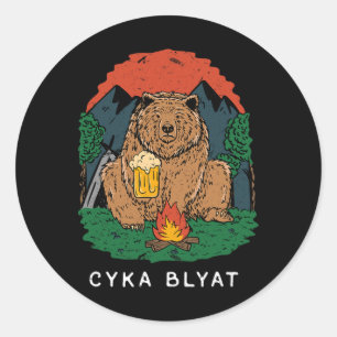 Pegatina Redonda Cyka Blyat - divertido dicho oso Ussr camping ruso