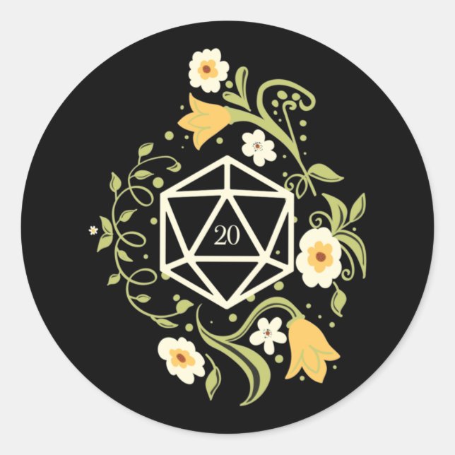 Pegatina Redonda D20 Dados de Flores Druidas Tabletop RPG (Anverso)