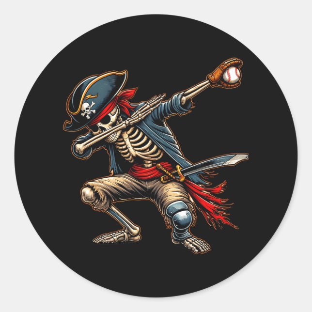 Pegatina Redonda Dab Skeleton Dabbing Skeleton Pirate Baseball (Anverso)