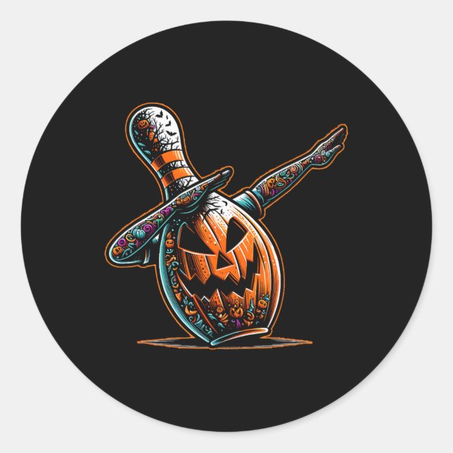 Pegatina Redonda Dabbing Bowling Pin Bowler Jack O Lantern Spooky H (Anverso)