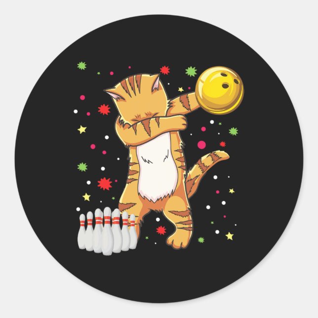 Pegatina Redonda Dabbing Cat Bowling Camisetas Funny Bowling Gift C (Anverso)