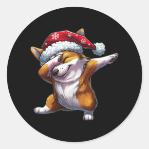 Pegatina Redonda Dabbing Corgi Santa Hat Navidades Dab Dance Gifts